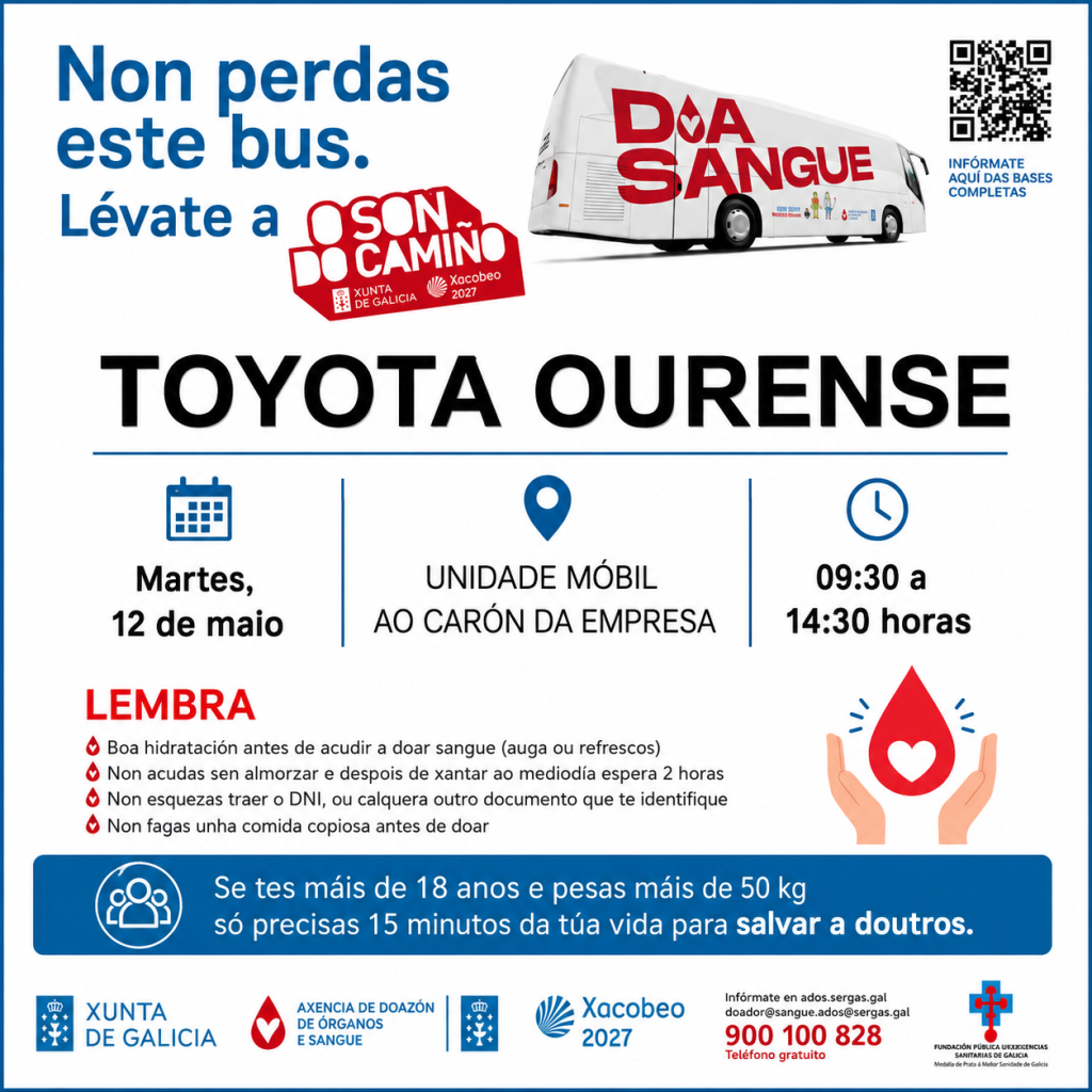 Poster de campaña de doazón de sangue en galego: un autobús vermello con texto e iconos, que informa sobre unha unidade móbil de doazón e os horarios de 09:30 a 14:30.