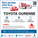 DOAZÓN DE SANGUE EN TOYOTA OURENSE Poster de campaña de doazón de sangue en galego: un autobús vermello con texto e iconos, que informa sobre unha unidade móbil de doazón e os horarios de 09:30 a 14:30.