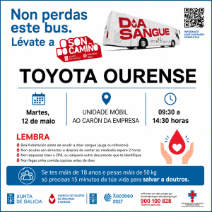Poster de campaña de doazón de sangue en galego: un autobús vermello con texto e iconos, que informa sobre unha unidade móbil de doazón e os horarios de 09:30 a 14:30.